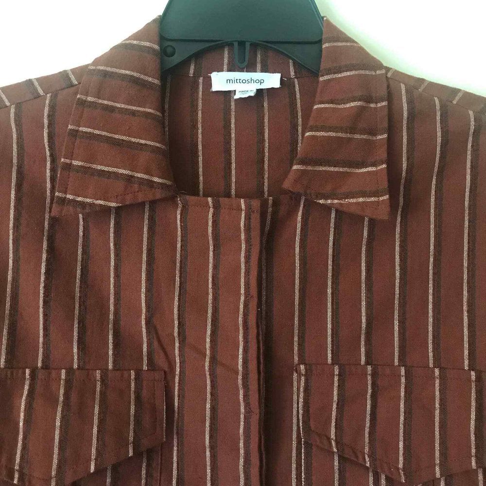 Mittoshop Blazer Womens Small Brown Striped Cropped Roll Tab Sleeve Boxy Fit - Picture 8 of 14